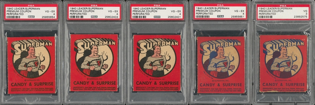 1940 R146 Leader Novelty "Adventures of Superman" Black/Blue Coupon Cards PSA-Graded Collection (5)